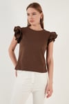 Pamuklu Kolları Fırfırlı Slim Fit Bisiklet Yaka Kadın T Shirt 5864500 KAHVE