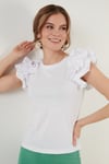 Pamuklu Kolları Fırfırlı Slim Fit Bisiklet Yaka Kadın T Shirt 5864500 BEYAZ