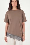 Pamuklu Kontrast Dantel Panelli Salaş Bisiklet Yaka Kadın T Shirt 5866992 KAHVE