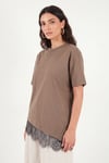Pamuklu Kontrast Dantel Panelli Salaş Bisiklet Yaka Kadın T Shirt 5866992 KAHVE