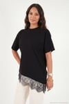 Pamuklu Kontrast Dantel Panelli Salaş Bisiklet Yaka Kadın T Shirt 5866992 SİYAH