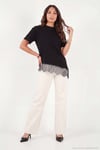 Pamuklu Kontrast Dantel Panelli Salaş Bisiklet Yaka Kadın T Shirt 5866992 SİYAH