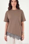 Pamuklu Kontrast Dantel Panelli Salaş Bisiklet Yaka Kadın T Shirt 5866992 KAHVE