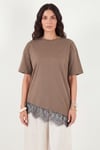 Pamuklu Kontrast Dantel Panelli Salaş Bisiklet Yaka Kadın T Shirt 5866992 KAHVE