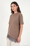 Pamuklu Kontrast Dantel Panelli Salaş Bisiklet Yaka Kadın T Shirt 5866992 KAHVE