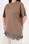 Pamuklu Kontrast Dantel Panelli Salaş Bisiklet Yaka Kadın T Shirt 5866992 KAHVE