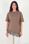 Pamuklu Kontrast Dantel Panelli Salaş Bisiklet Yaka Kadın T Shirt 5866992 KAHVE