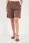Pamuklu Loose Fit Pileli Kemerli Bermuda Kadın Şort 668YP5439 AÇIK KAHVE