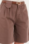 Pamuklu Loose Fit Pileli Kemerli Bermuda Kadın Şort 668YP5439 AÇIK KAHVE