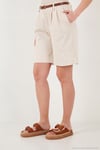 Pamuklu Loose Fit Pileli Kemerli Bermuda Kadın Şort 668YP5439 TAŞ