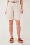 Pamuklu Loose Fit Pileli Kemerli Bermuda Kadın Şort 668YP5439 TAŞ