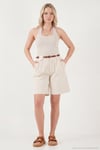 Pamuklu Loose Fit Pileli Kemerli Bermuda Kadın Şort 668YP5439 TAŞ