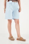 Pamuklu Loose Fit Pileli Kemerli Bermuda Kadın Şort 668YP5439 MAVİ