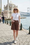 Pamuklu Loose Fit Pileli Kemerli Bermuda Kadın Şort 668YP5439 KAHVE