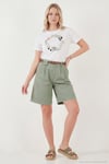 Pamuklu Loose Fit Pileli Kemerli Bermuda Kadın Şort 668YP5439 AÇIK HAKİ