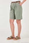 Pamuklu Loose Fit Pileli Kemerli Bermuda Kadın Şort 668YP5439 AÇIK HAKİ