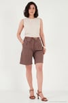 Pamuklu Loose Fit Pileli Kemerli Bermuda Kadın Şort 668YP5439 AÇIK KAHVE