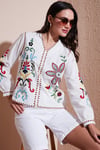 Pamuklu Nakış işlemeli Oversize Fit V Yaka Kadın Bluz 676254 EKRU