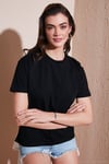 Pamuklu Oversize Fit Bisiklet Yaka Kadın T Shirt 5866097 SİYAH