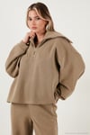 Pamuklu Oversize Fit Yarım Fermuarlı Yaka Uzun Kollu Triko Kadın Takım 68351218 HAKİ