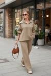 Pamuklu Oversize Fit Yarım Fermuarlı Yaka Uzun Kollu Triko Kadın Takım 68351218 HAKİ