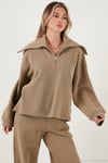 Pamuklu Oversize Fit Yarım Fermuarlı Yaka Uzun Kollu Triko Kadın Takım 68351218 HAKİ