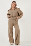 Pamuklu Oversize Fit Yarım Fermuarlı Yaka Uzun Kollu Triko Kadın Takım 68351218 HAKİ