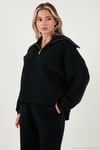 Pamuklu Oversize Fit Yarım Fermuarlı Yaka Uzun Kollu Triko Kadın Takım 68351218 SİYAH