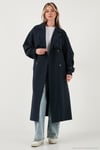 Pamuklu Oversize Kruvaze Yaka Düğmeli Uzun Kadın Trençkot 6839605 LACİVERT