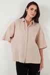 Pamuklu Oversize Yırtmaçlı Kısa Kollu Kadın Gömlek CF25S166965 TAŞ