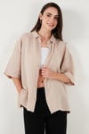 Pamuklu Oversize Yırtmaçlı Kısa Kollu Kadın Gömlek CF25S166965 TAŞ