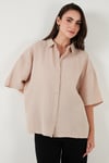 Pamuklu Oversize Yırtmaçlı Kısa Kollu Kadın Gömlek CF25S166965 TAŞ