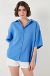 Pamuklu Oversize Yırtmaçlı Kısa Kollu Kadın Gömlek CF25S166965 SAKS
