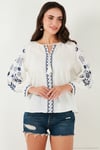Pamuklu Regular Fit Balon Kol Nakış İşlemeli Kadın Bluz 6110936 Ekru-İndigo