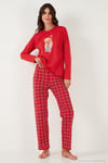 Pamuklu Regular Fit Baskılı Bisiklet Yaka Kadın Pijama Takımı 65723313 KIRMIZI