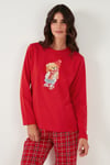 Pamuklu Regular Fit Baskılı Bisiklet Yaka Kadın Pijama Takımı 65723313 KIRMIZI