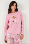 Pamuklu Regular Fit Baskılı Bisiklet Yaka Kadın Pijama Takımı 65723314 PEMBE