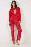 Pamuklu Regular Fit Baskılı Bisiklet Yaka Kadın Pijama Takımı 65723313 KIRMIZI