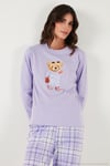Pamuklu Regular Fit Baskılı Bisiklet Yaka Kadın Pijama Takımı 65723314 LİLA