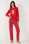 Pamuklu Regular Fit Baskılı Bisiklet Yaka Kadın Pijama Takımı 65723313 KIRMIZI