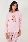 Pamuklu Regular Fit Baskılı Bisiklet Yaka Kadın Pijama Takımı 65723313 PUDRA