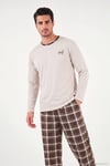 Pamuklu Regular Fit Bisiklet Yaka Ekoseli Erkek Pijama Takımı 6574001 BEJ