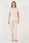 Pamuklu Regular Fit Bisiklet Yaka Kısa Kollu Desenli Rahat Kadın Pijama Takımı 65770753 EKRU