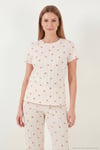 Pamuklu Regular Fit Bisiklet Yaka Kısa Kollu Desenli Rahat Kadın Pijama Takımı 65770753 EKRU
