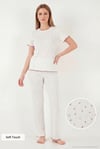 Pamuklu Regular Fit Bisiklet Yaka Kısa Kollu Desenli Rahat Kadın Pijama Takımı 65770753 BEYAZ-MOR