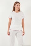 Pamuklu Regular Fit Bisiklet Yaka Kısa Kollu Desenli Rahat Kadın Pijama Takımı 65770753 BEYAZ-MOR