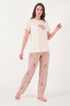 Pamuklu Regular Fit Desenli Bisiklet Yaka Kadın Pijama Takımı 65790784 EKRU-KAHVE