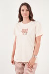 Pamuklu Regular Fit Desenli Bisiklet Yaka Kadın Pijama Takımı 65790784 EKRU-KAHVE