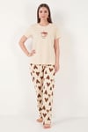 Pamuklu Regular Fit Desenli Bisiklet Yaka Kadın Pijama Takımı 65790784 KAHVE
