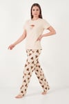 Pamuklu Regular Fit Desenli Bisiklet Yaka Kadın Pijama Takımı 65790784 KAHVE